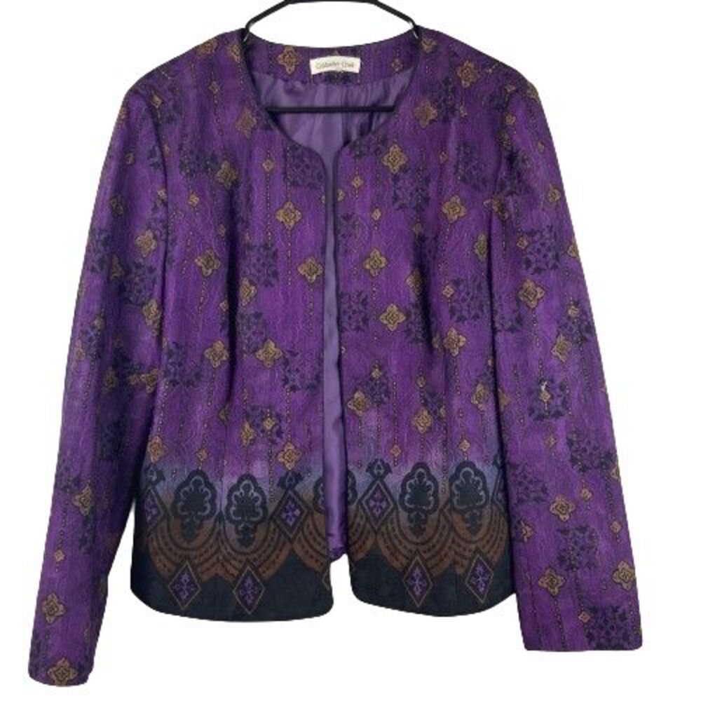 COLDWATER CREEK Women's 12 Purple Black Floral Open Front Jacket